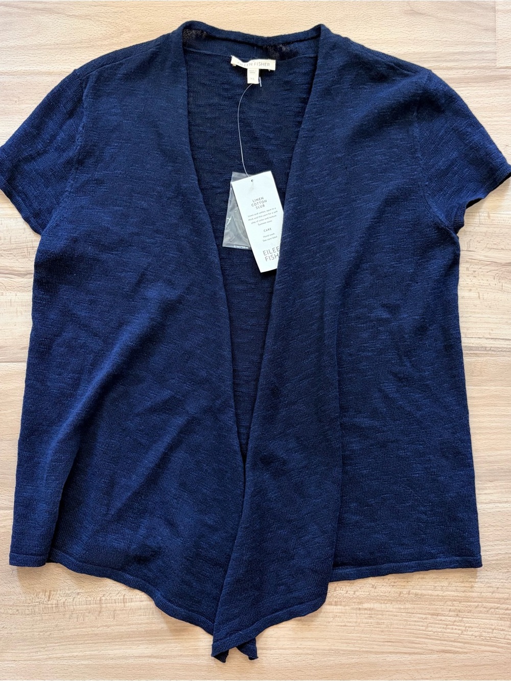 Eileen Fisher Linen Cotton Slub Navy Open-Front Lightweight Top